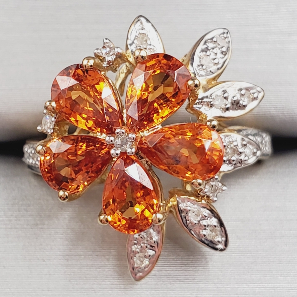10k Solid Yellow Gold Genuine Spessartite Mandarin Garnet & Diamond Flower Ring